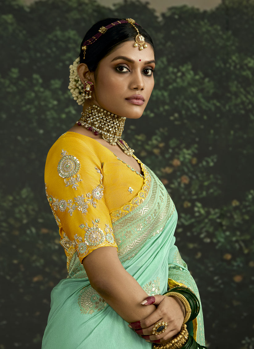 Voguish Turquoise Dola Silk Embroidered Wedding Saree