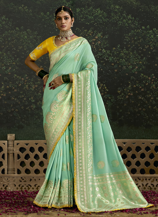 Voguish Turquoise Dola Silk Embroidered Wedding Saree