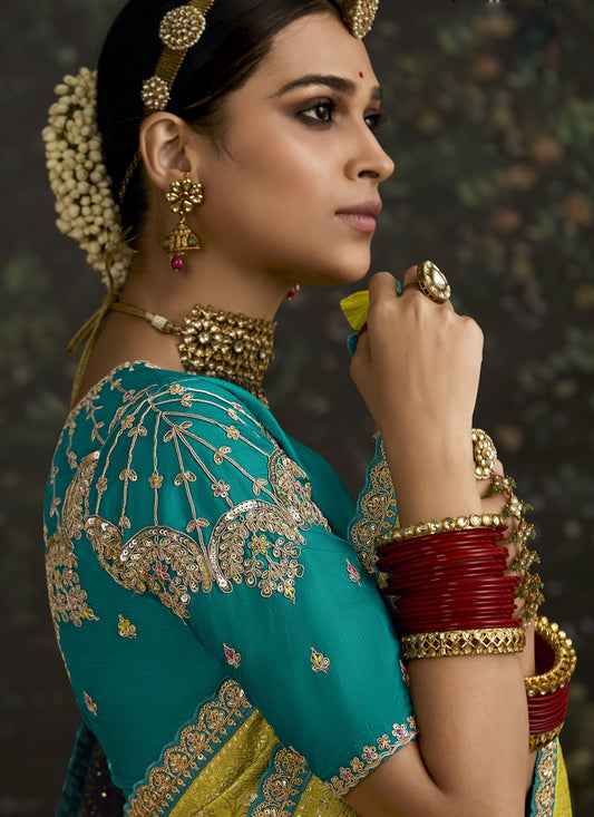 Trendsetting Chartreuse Dola Silk Embroidered Wedding Saree