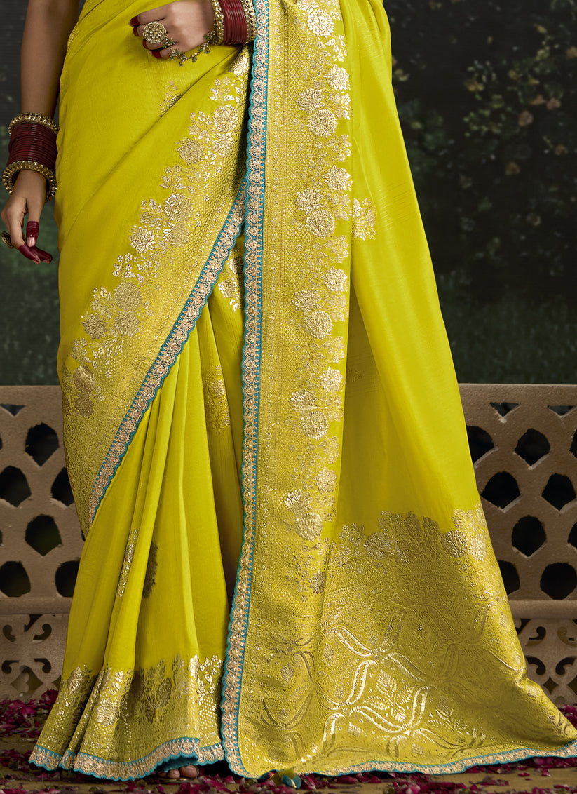 Trendsetting Chartreuse Dola Silk Embroidered Wedding Saree