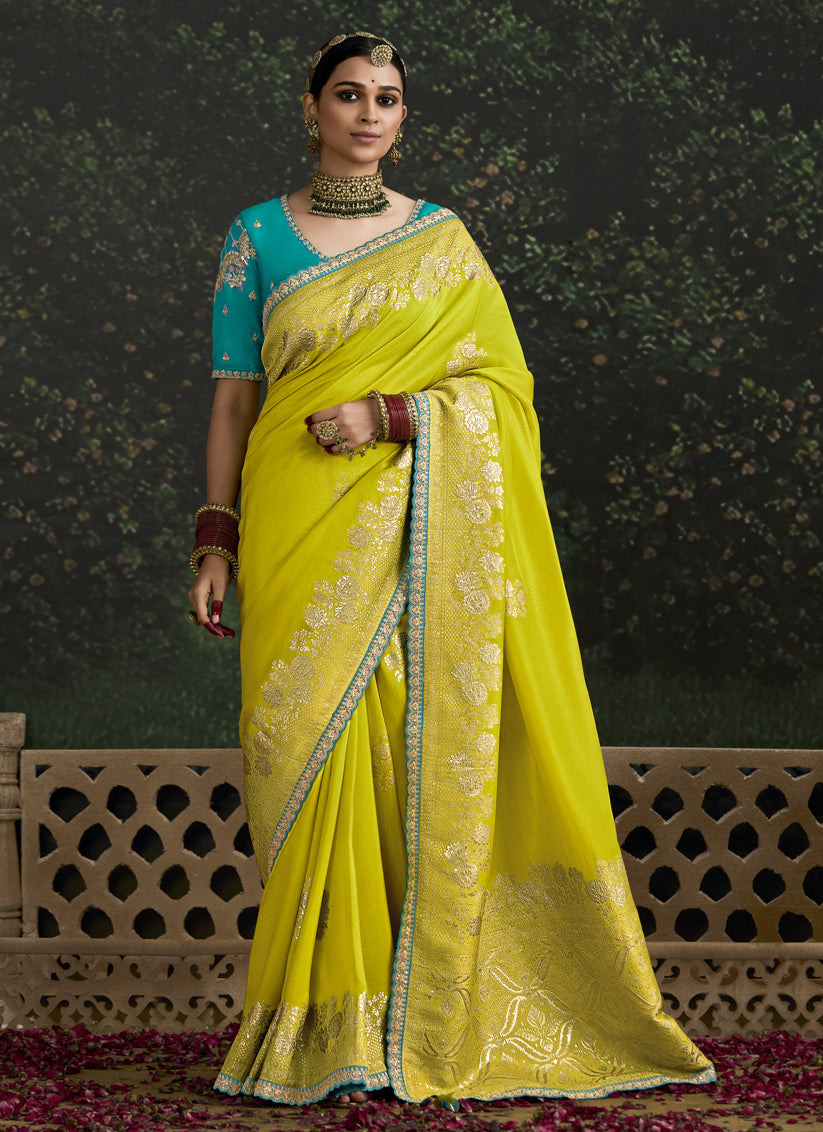 Trendsetting Chartreuse Dola Silk Embroidered Wedding Saree