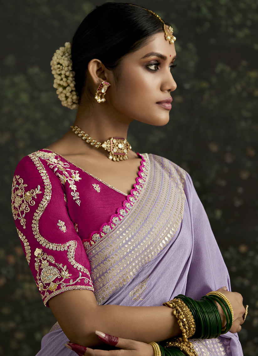 Immaculate Lavender Dola Silk Embroidered Wedding Saree