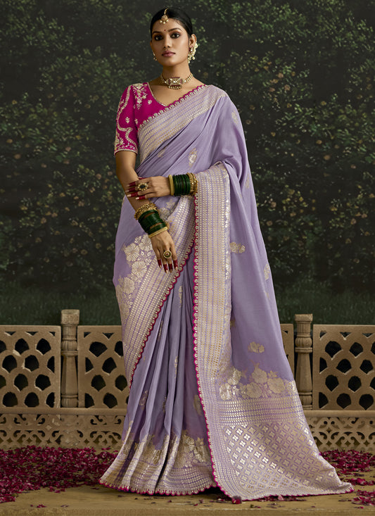 Immaculate Lavender Dola Silk Embroidered Wedding Saree