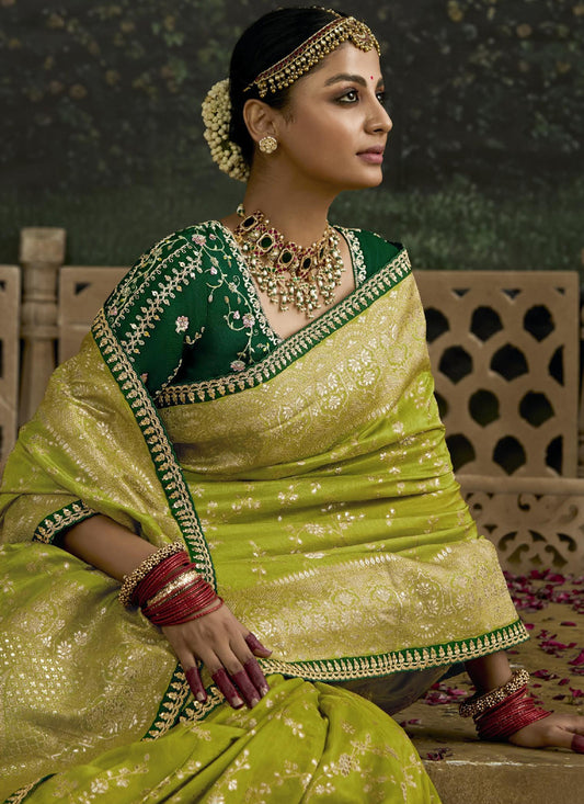 Beautiful Lime Green Dola Silk Embroidered Wedding Saree