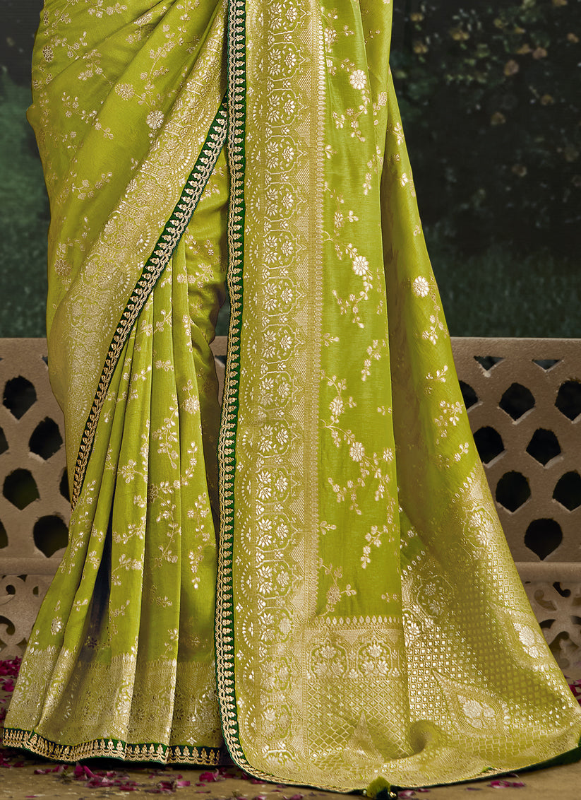 Beautiful Lime Green Dola Silk Embroidered Wedding Saree