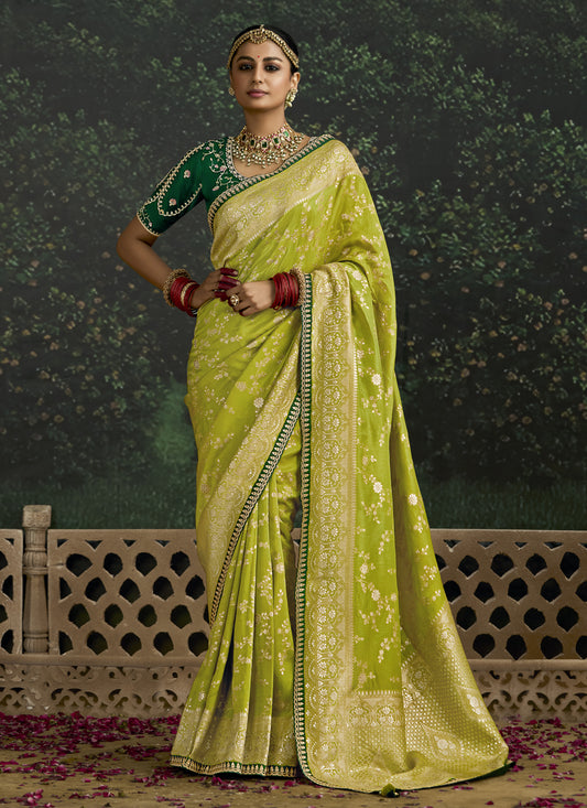 Beautiful Lime Green Dola Silk Embroidered Wedding Saree