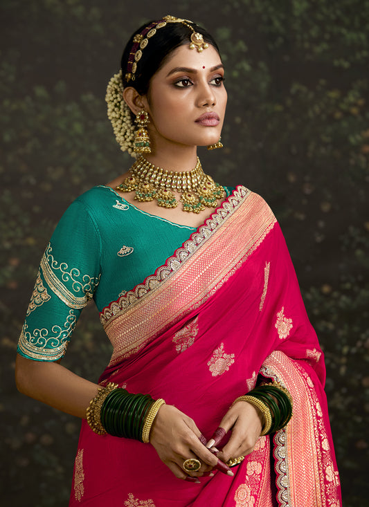 Charming Rani Pink Dola Silk Embroidered Wedding Saree