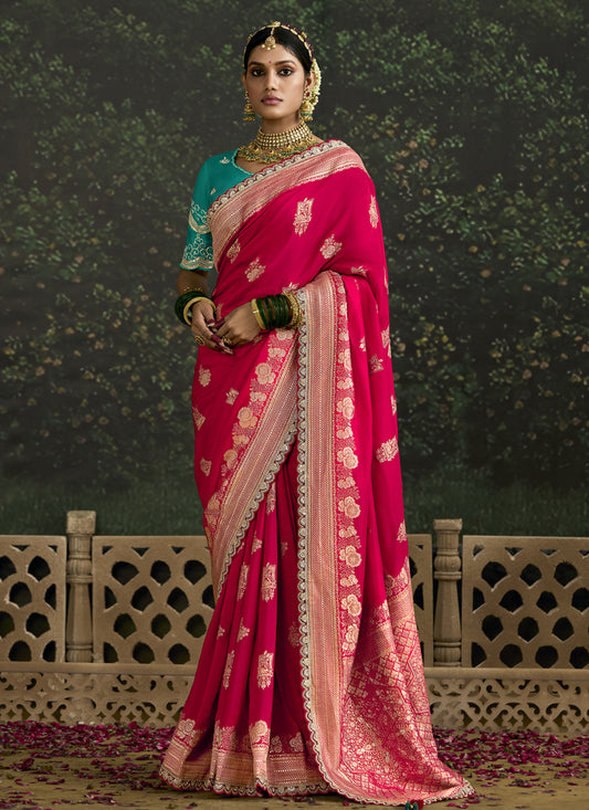 Charming Rani Pink Dola Silk Embroidered Wedding Saree
