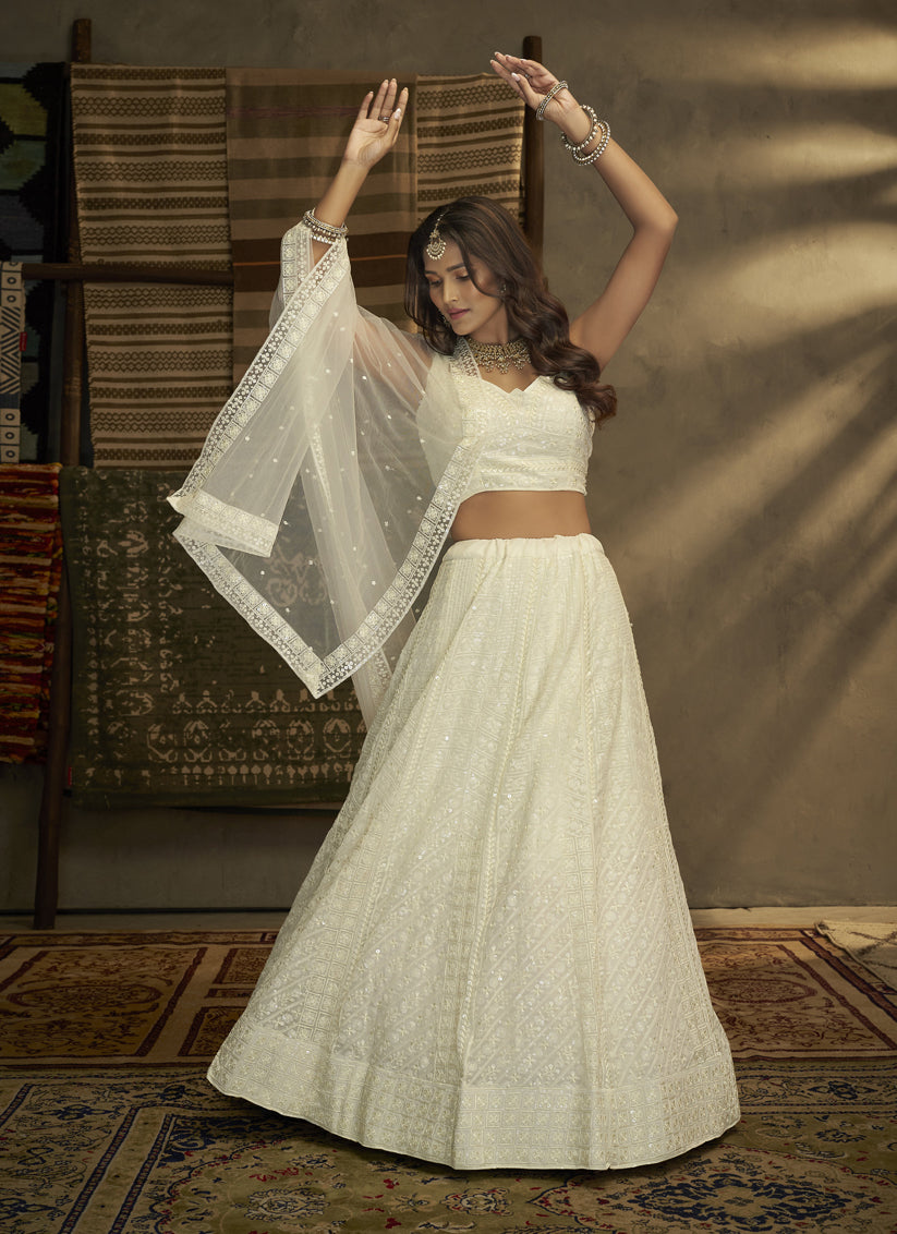 White Georgette Embroidered Lehenga Choli