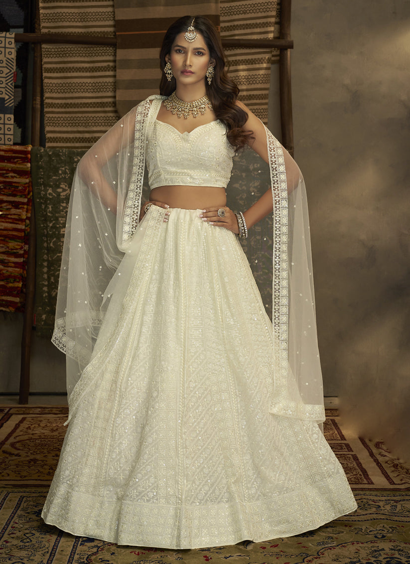 White Georgette Embroidered Lehenga Choli
