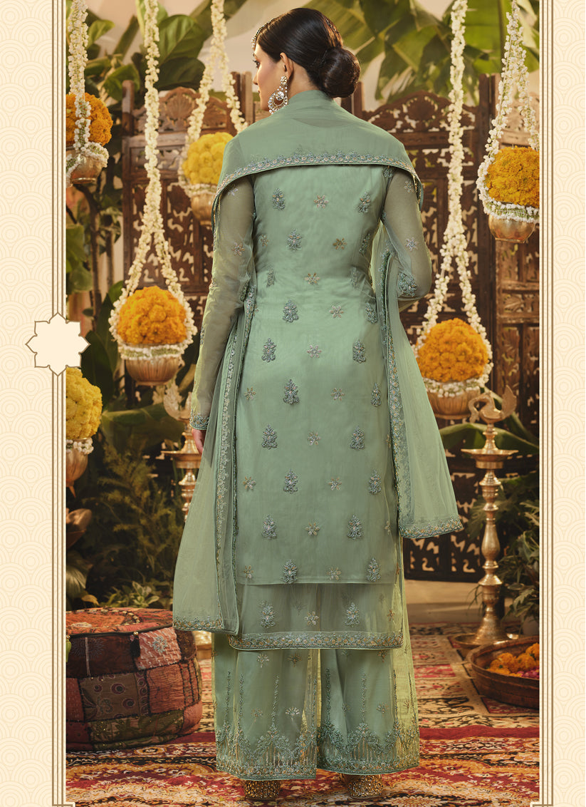 Mint Green Net Embroidered Designer Palazzo Suit