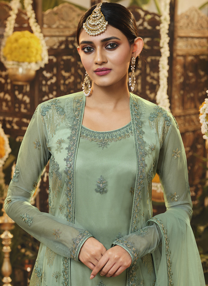 Mint Green Net Embroidered Designer Palazzo Suit