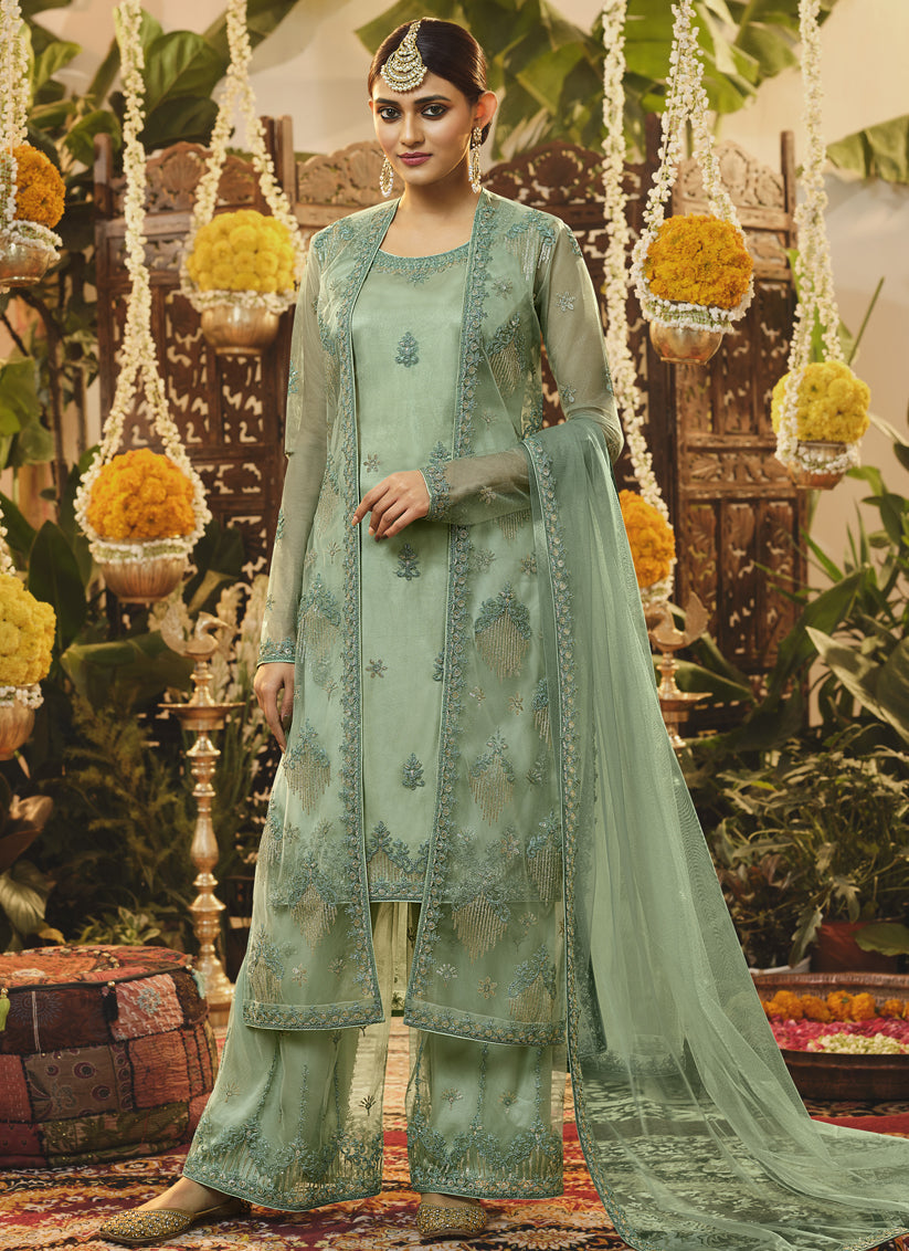 Mint Green Net Embroidered Designer Palazzo Suit