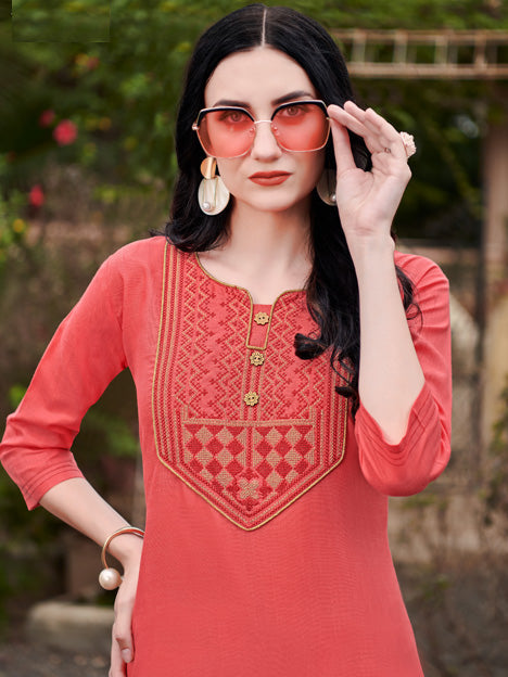Salmon Pink Cotton Embroidered Kurti
