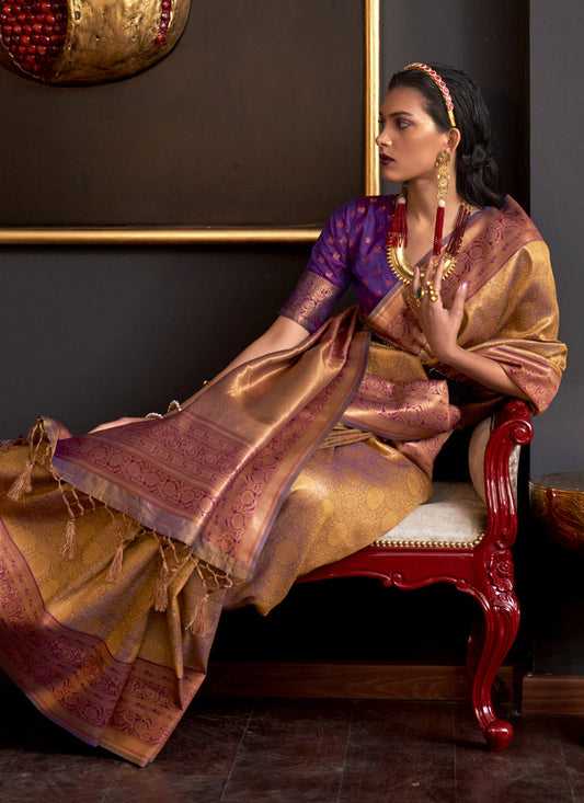 Mustard Yellow Handloom Weaving Silk Zari Woven Saree