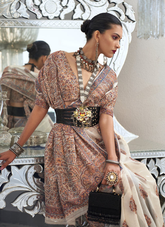 Off White Silk Kashmiri Handloom Weaving Saree