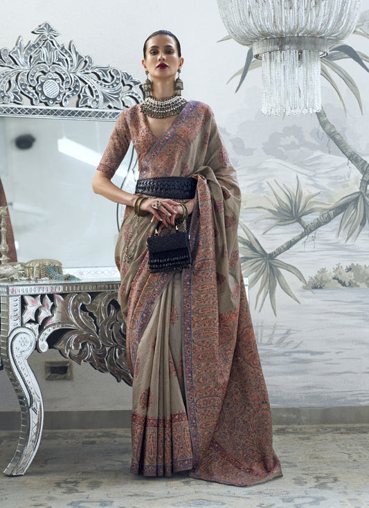 Taupe Silk Kashmiri Handloom Weaving Saree