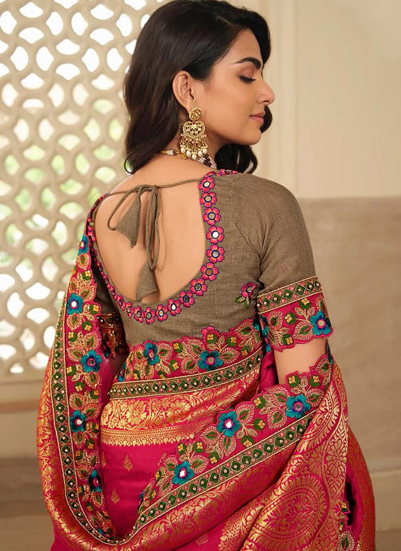 Rani Pink & Beige Silk Embroidered Wedding Saree