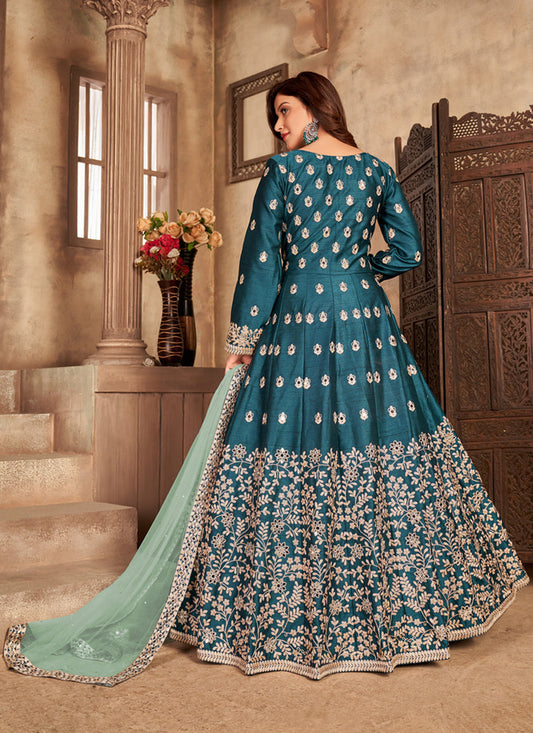 Adorable Peacock Blue Art Silk Embroidered Pant Kameez