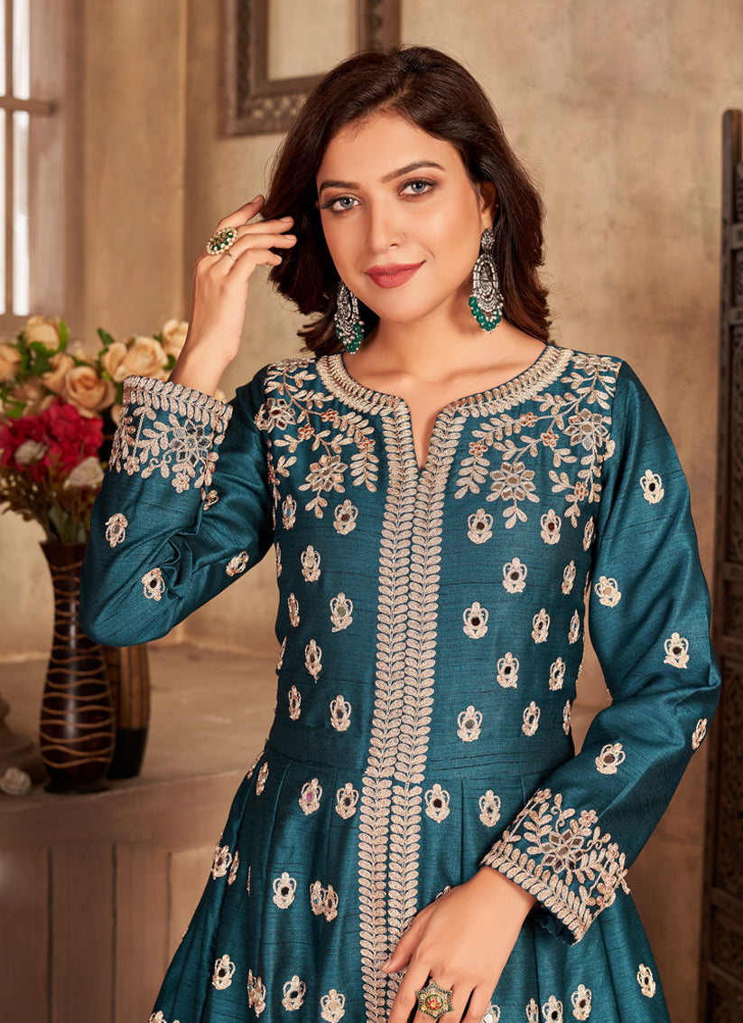 Adorable Peacock Blue Art Silk Embroidered Pant Kameez