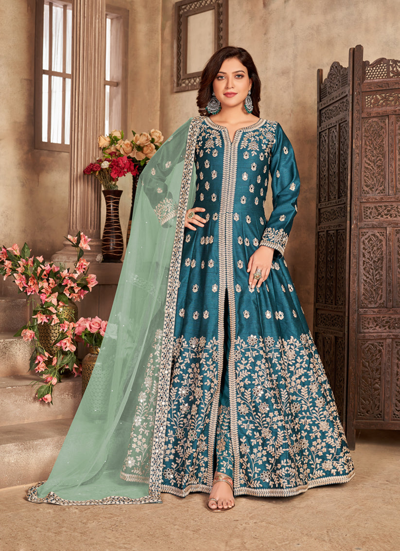 Adorable Peacock Blue Art Silk Embroidered Pant Kameez