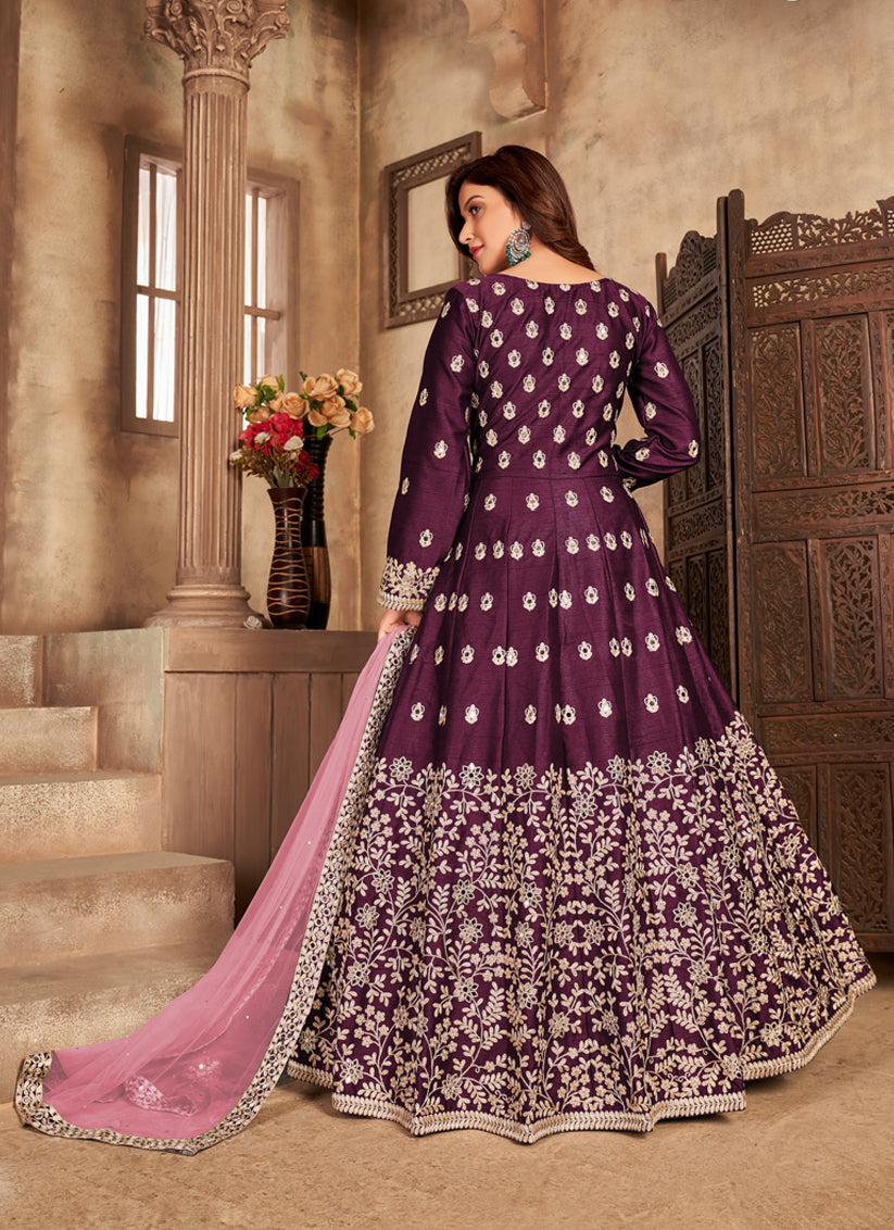 Beautiful Burgundy Art Silk Embroidered Pant Kameez