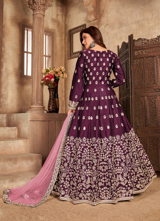 Beautiful Burgundy Art Silk Embroidered Pant Kameez