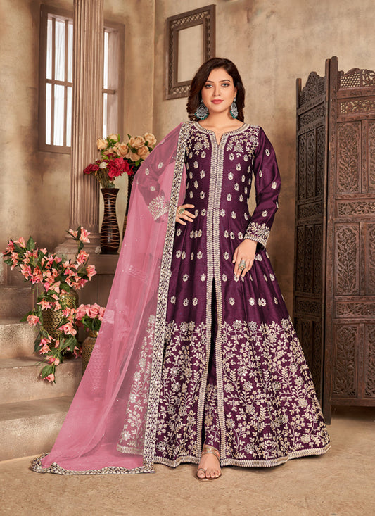 Beautiful Burgundy Art Silk Embroidered Pant Kameez