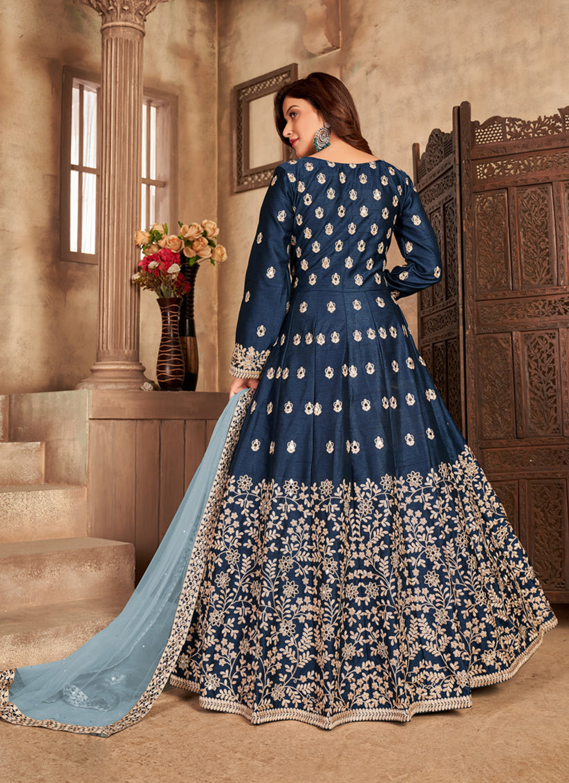 Sleek Navy Blue Art Silk Embroidered Pant Kameez