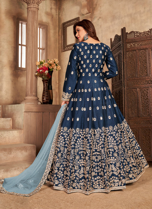 Sleek Navy Blue Art Silk Embroidered Pant Kameez