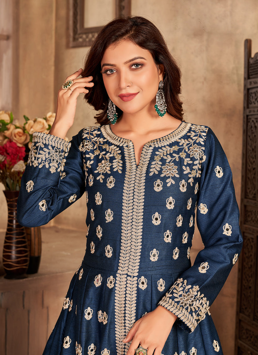 Sleek Navy Blue Art Silk Embroidered Pant Kameez
