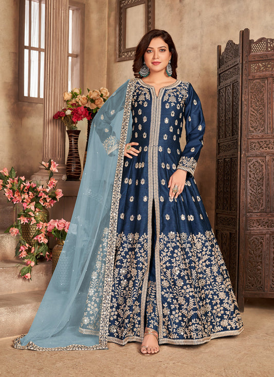 Sleek Navy Blue Art Silk Embroidered Pant Kameez