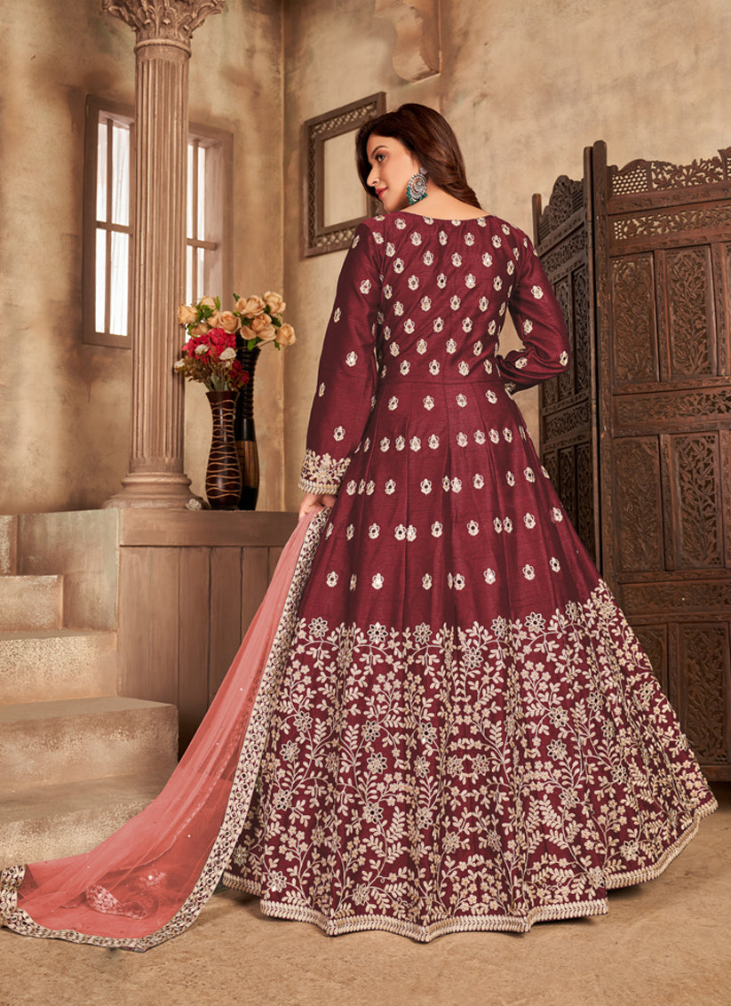 Sophisticated Maroon Art Silk Embroidered Pant Kameez