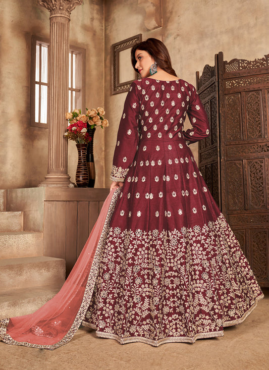 Sophisticated Maroon Art Silk Embroidered Pant Kameez
