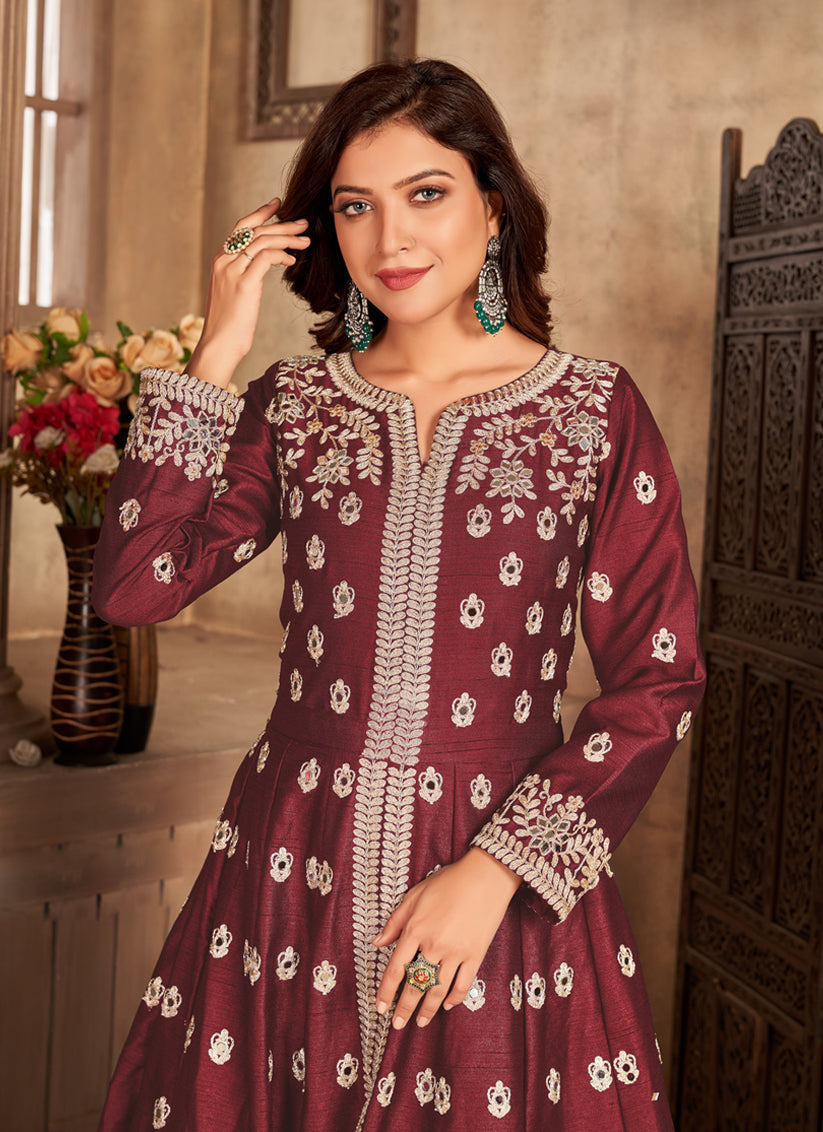 Sophisticated Maroon Art Silk Embroidered Pant Kameez