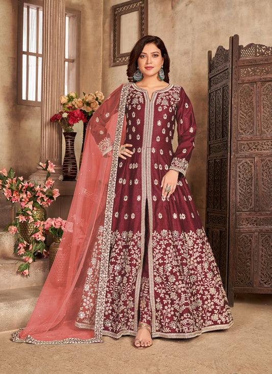 Sophisticated Maroon Art Silk Embroidered Pant Kameez