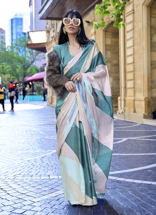 Off White Satin Crepe Printed Saree