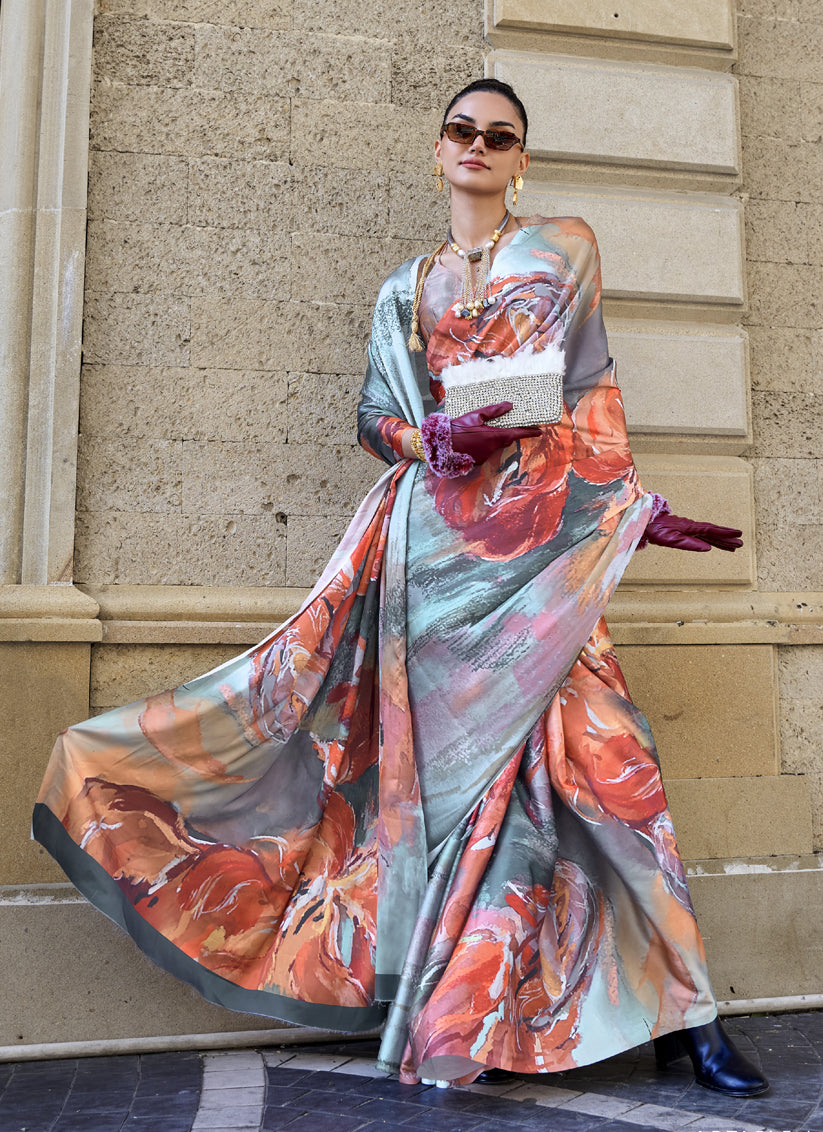 Grey Satin Crepe Printed Saree
