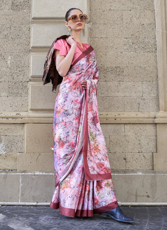 Pink Satin Crepe Printed Saree