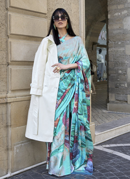 Turquoise Satin Crepe Printed Saree