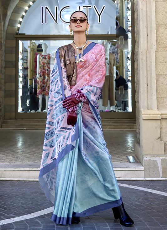 Sky Blue Satin Crepe Printed Saree
