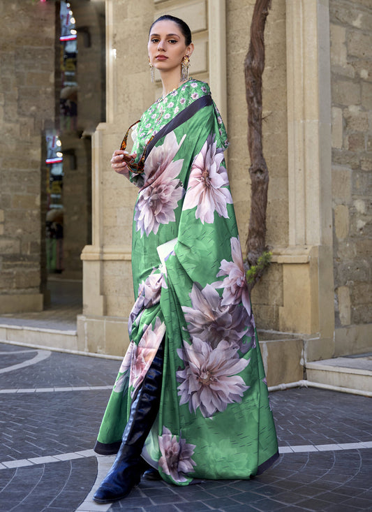 Green Satin Crepe Printed Saree