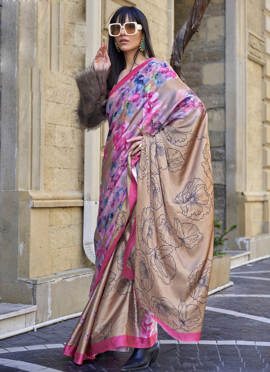Beige Satin Crepe Printed Saree