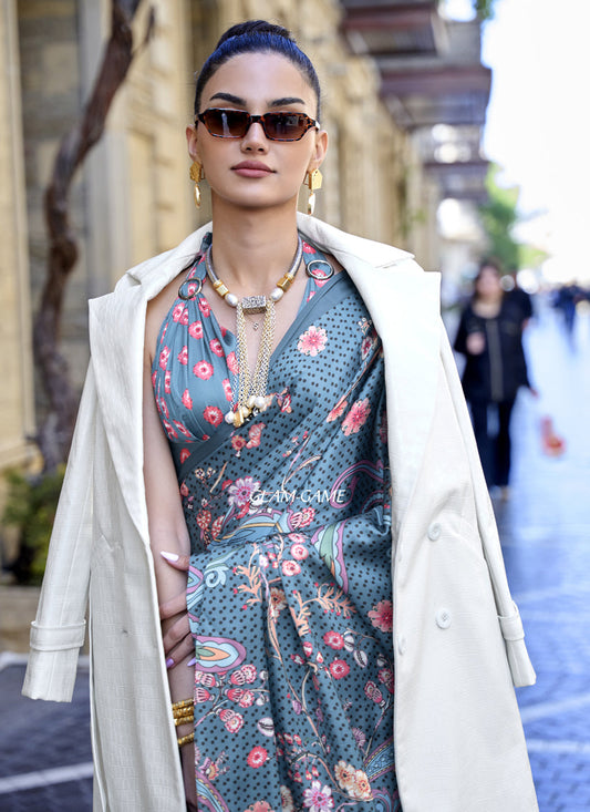 Stone Blue Satin Crepe Printed Saree