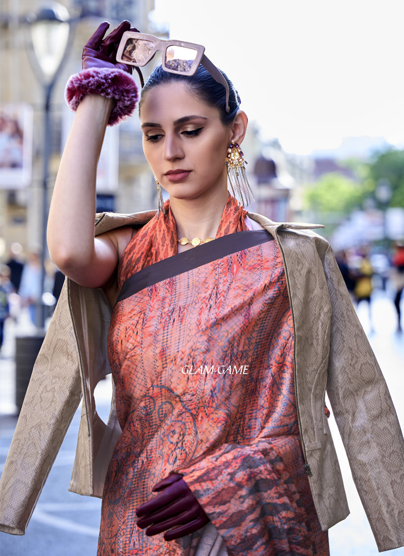 Orange Satin Crepe Printed Saree