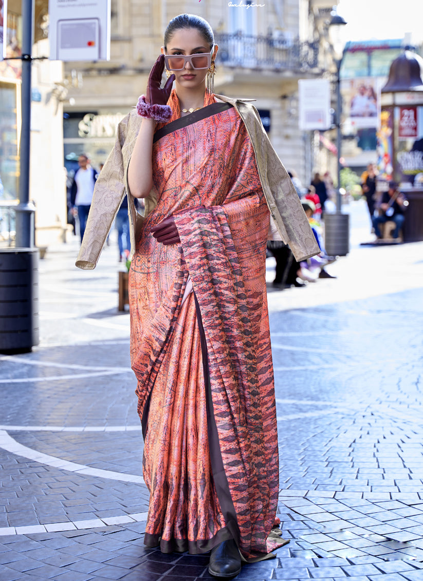Orange Satin Crepe Printed Saree