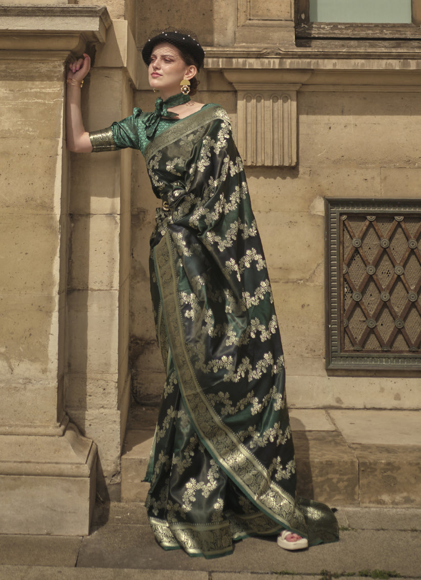 Bottle Green Satin Silk Woven Saree