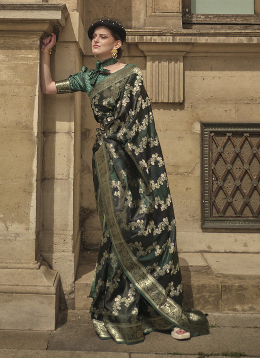 Bottle Green Satin Silk Woven Saree