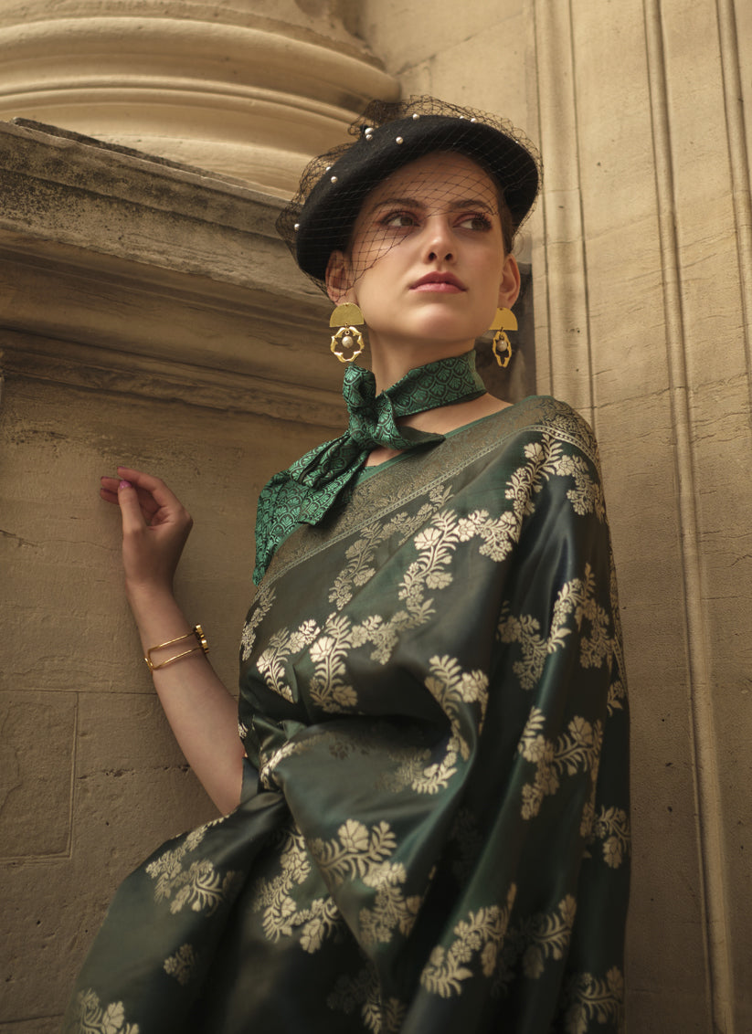 Bottle Green Satin Silk Woven Saree