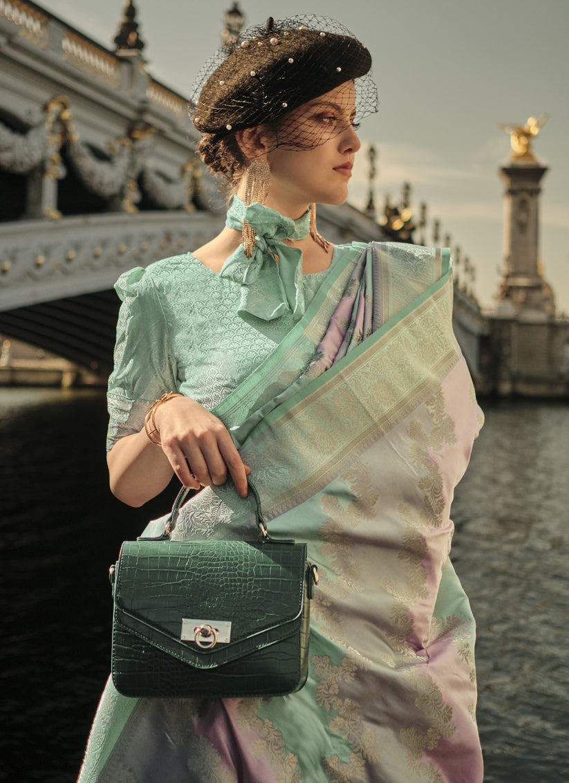 Mint Green Satin Silk Woven Saree